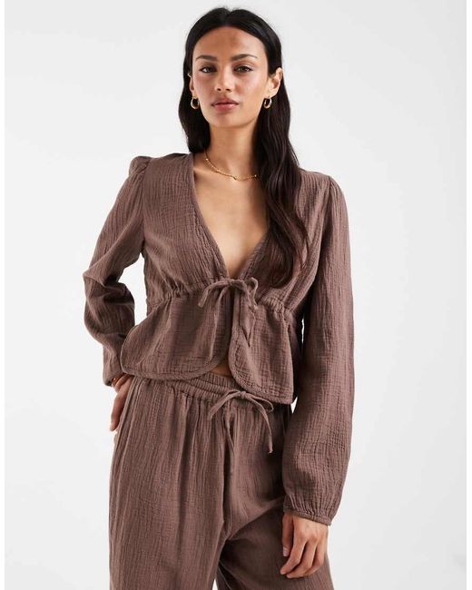 Pieces Brown Crinkle Cotton Tie Front Long Sleeve Top