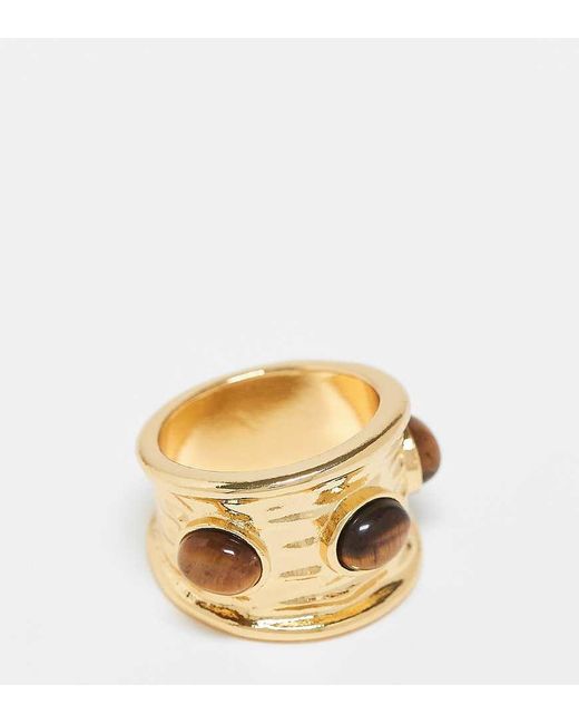Anillo Chapado En Oro De 14 Quilates Con Diseño De Piedras Semipreciosas De Ojo De Tigre Auténtico De Asos Design Curve ASOS de color Metallic
