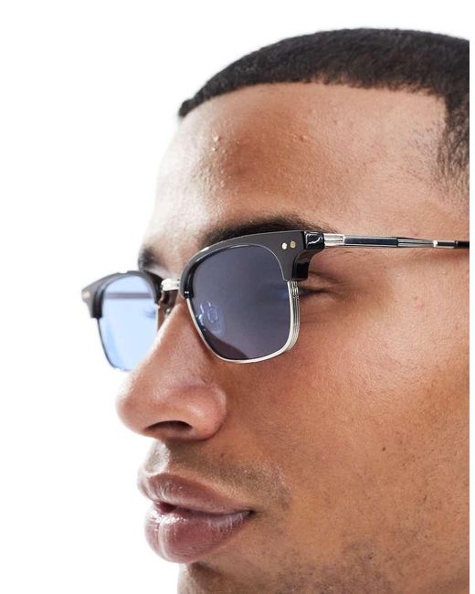 Gafas De Sol Negras Y Plateadas De Estilo Retro Con Lentes Azules De ASOS de hombre de color White