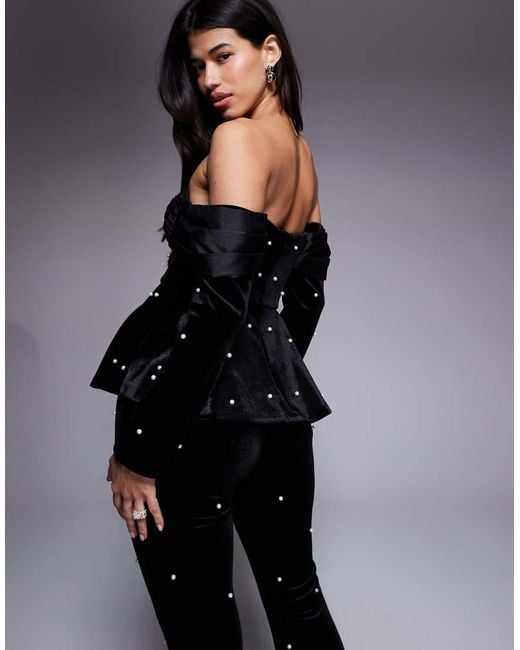 ASOS Black Velvet Off The Shoulder Pearl Detail Top With Heart Detail