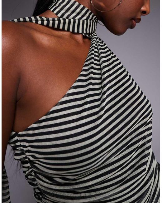 Kaiia Gray Exclusive Double Layered Slinky Mesh One Shoulder Scarf Detail Top Co-Ord