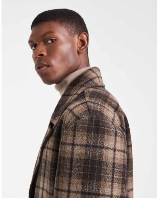 ASOS Brown Check Wool Look Oversized Longline Coat for men