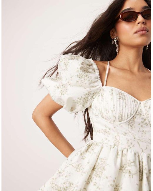 ASOS White Puff Ball Mini Dress With Pintuck Corset Bodice