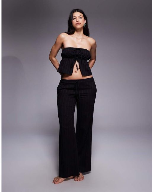 The Frolic Black Exclusive Cotton Rich Cheesecloth Broderie Bandeau Tie Split Front Beach Top Co-ord
