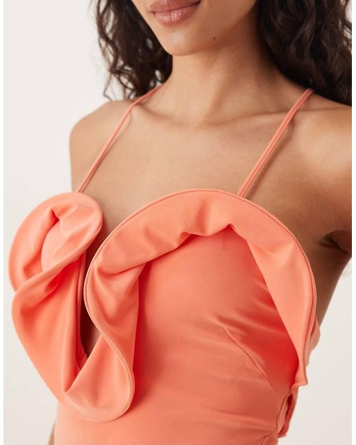 ASOS Orange Frill Detail Plunge Halterneck Bodysuit