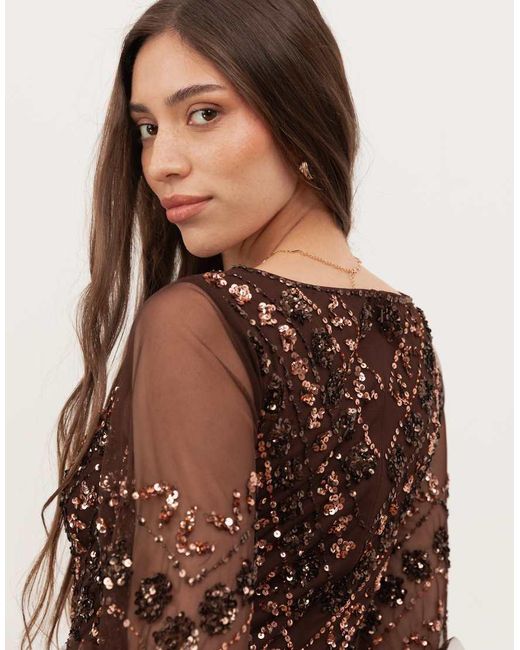 Maya Brown Fully Embellished Frill Maxi Dres