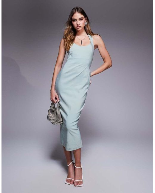 Vesper Blue Bengaline Scoop Neck Halterneck Bodycon Midaxi Dress