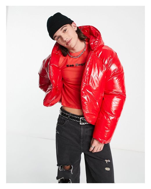 Doudoune courte oversize ultra-brillante ASOS pour homme en coloris Rouge |  Lyst