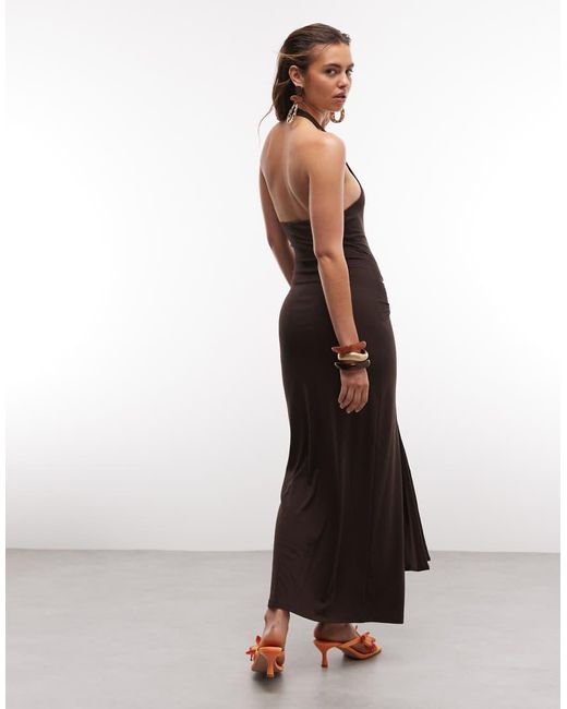 4th & Reckless Brown Soft Jersey Scoop Neck Halterneck Drape Tie Front Maxi Dress