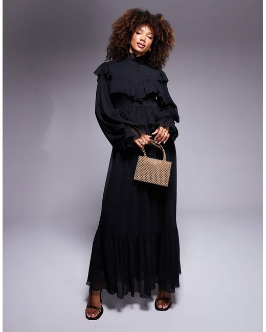 DASKA High Neck Chiffon Ruffle Maxi Dress in Black | Lyst
