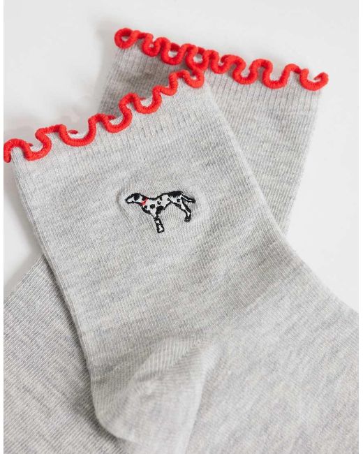 ASOS White Frill Edge Ankle Socks With Dalmatian Embroidery