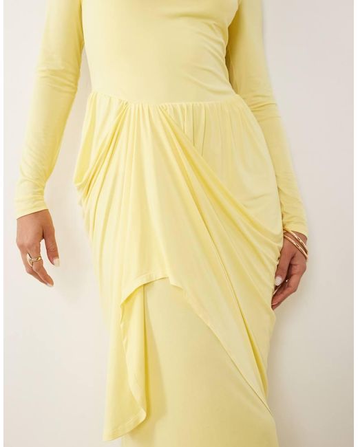 DASKA Yellow Boat Neck Long Sleeve Draped Skirt Maxi Dress