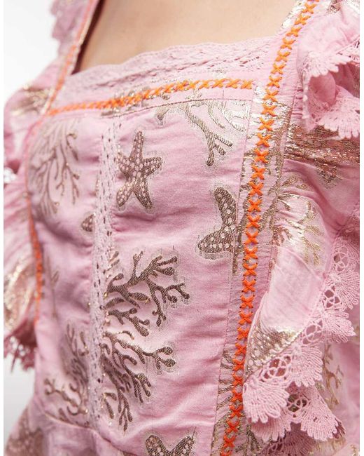 River Island Pink Sealife Embroidered Ruffle Blouse