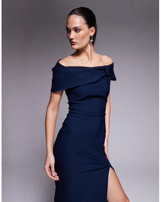 Vesper Blue Bengaline Deep Bardot Cinch Detail Side Split Maxi Dress