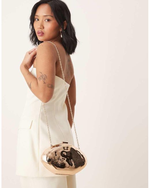ASOS Natural Hard Case Hammered Abstract Clutch Bag With Cross Body Chain