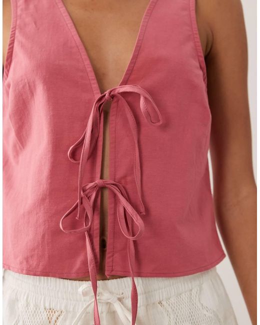 Miss Selfridge Red Linen Blend Tie Front Top