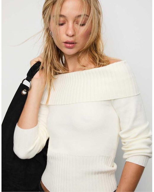 Stradivarius White Exposed Shoulder Knit Sweater