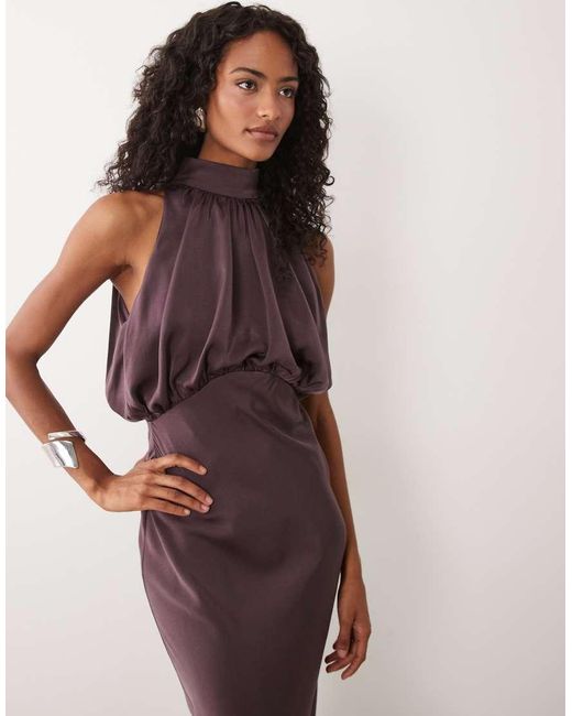 ASOS Purple Halter Neck Blouson Satin Maxi Dress