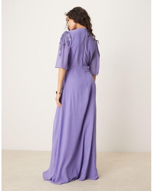 Hope & Ivy Purple Hartley Plunge Front Embellished Maxi Dress With Flutter Sleeves