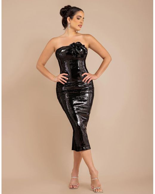 Goddiva Natural Liquid Sequin Strapless Midaxi With Corsage
