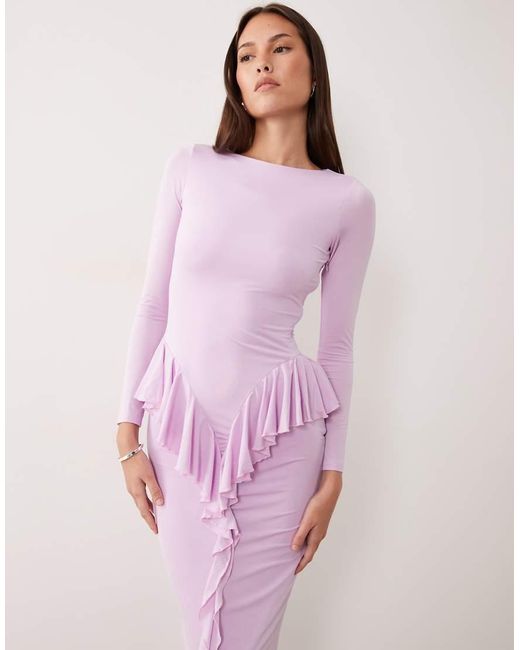 Ruched & Ready Purple Sculpting Long Sleeve Ruffle Drape Detail Maxi Dress