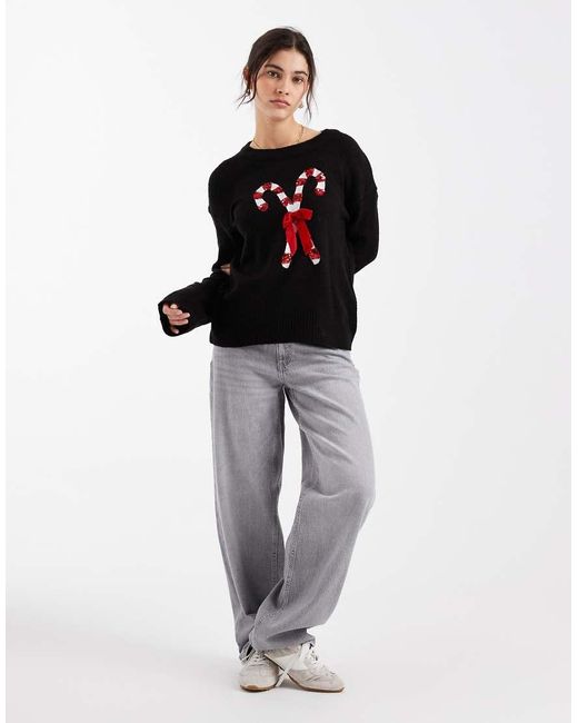 Brave Soul Black Oversized Christmas Sweater With Sequined Candy Cane Detailing