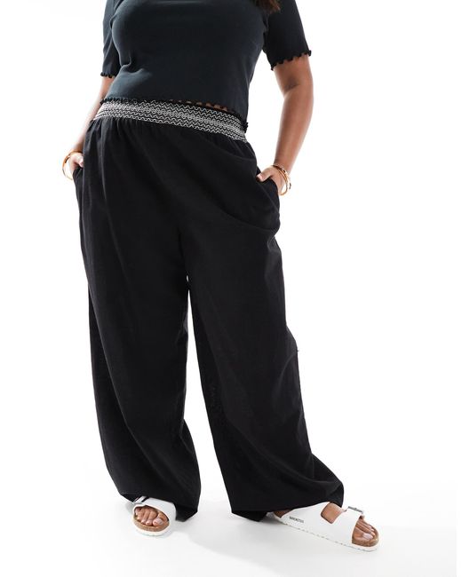 ASOS Black Curve Linen Blend Pull On Wide Leg Trousers With Shirred Waist Detail