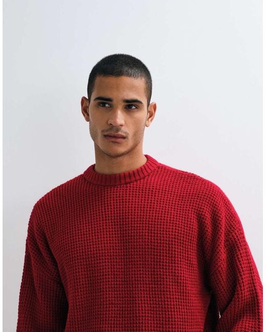 ASOS Red Oversized Chunky Waffle Knitted Jumper for men