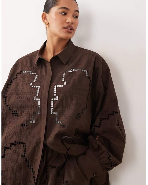 ARRANGE Brown Curve Oversized Shirt With Cutwork Embroidery