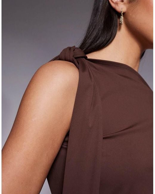 The Frolic Brown Exclusive Slinky Off Shoulder Tie Shoulder Mini Dress