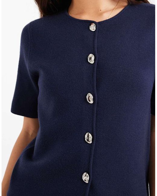 Threadbare Blue Short Sleeve Compact Knit Cardigan With Contrast Buttons