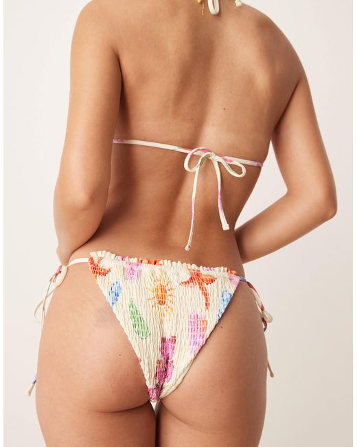 ASOS Brown – may – gesmokte, seitlich gebundene bikinihose mit muschelprint