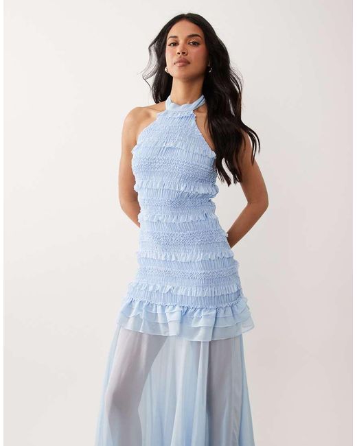 TFNC London Blue Shirred Chiffon Ruffle Sheer Skirt Maxi Dress