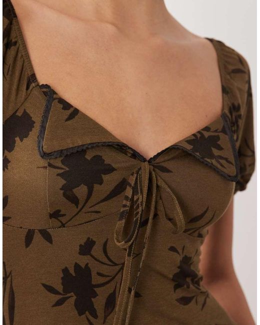 ASOS Brown Scalloped Collar Puff Sleeve Seam Detail Midi Tea Dress