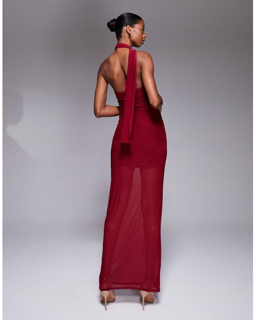 Fashionkilla Red Exclusive Mesh Overlay Neck Tie Detail Sheer Hem Maxi Dress