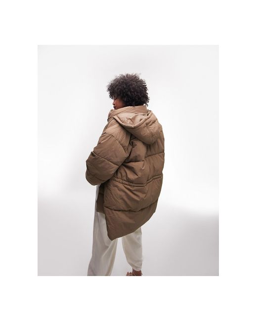 TOPSHOP Curve Mid Length Tie Waist Puffer Jacket in Brown | Lyst