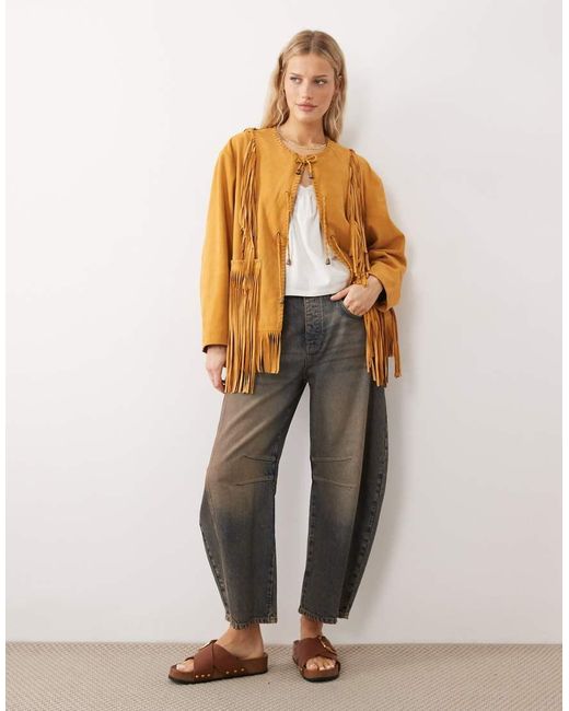 Urbancode Natural Oversized Boho Suede Fringed Jacket