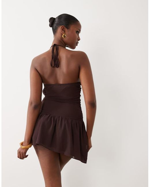The Frolic Natural Exclusive Chiffon Cross Front Halterneck Asymmetric Mini Dress