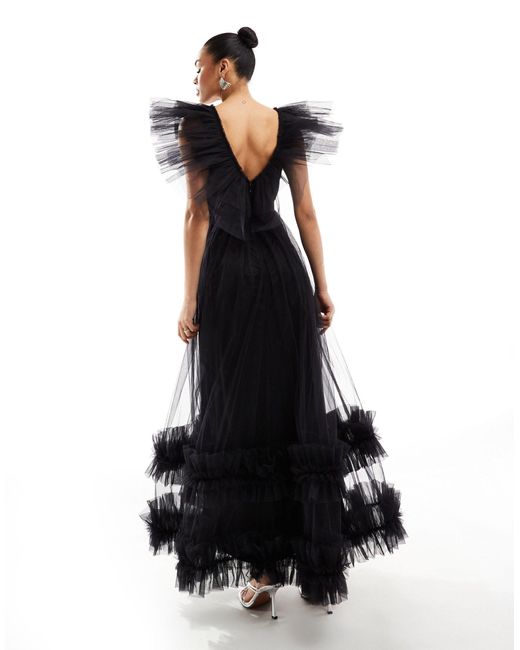LACE & BEADS Black Tiered Ruffle Tulle Maxi Dress