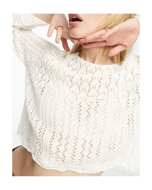 ONLY White Crochet Cropped Wide Sleeve Jumper
