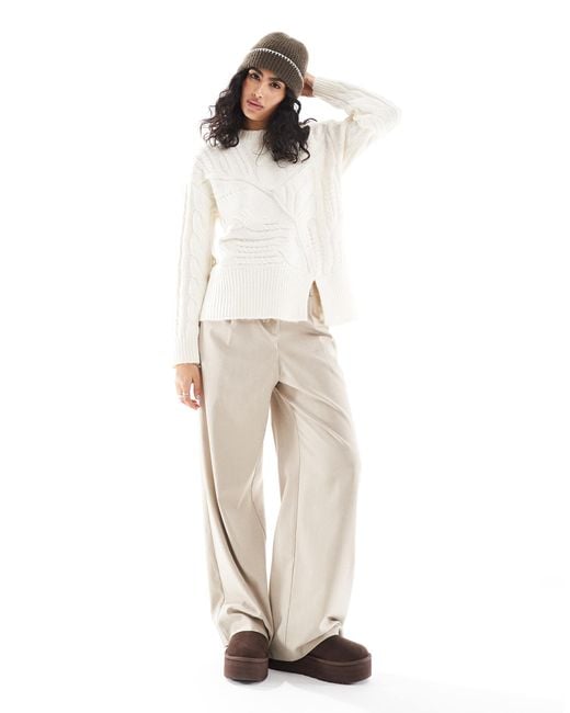 Pieces Natural Spliced Cable Knit Detail Jumper With Split Front