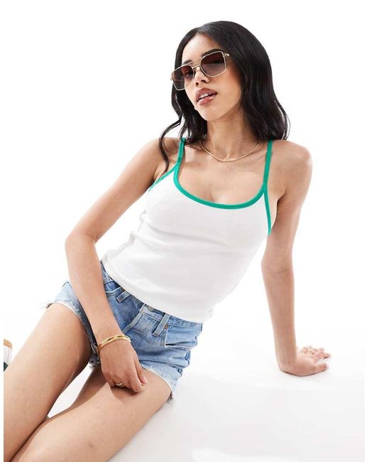 Pull&Bear White Contrast Trim Cropped Cami Top