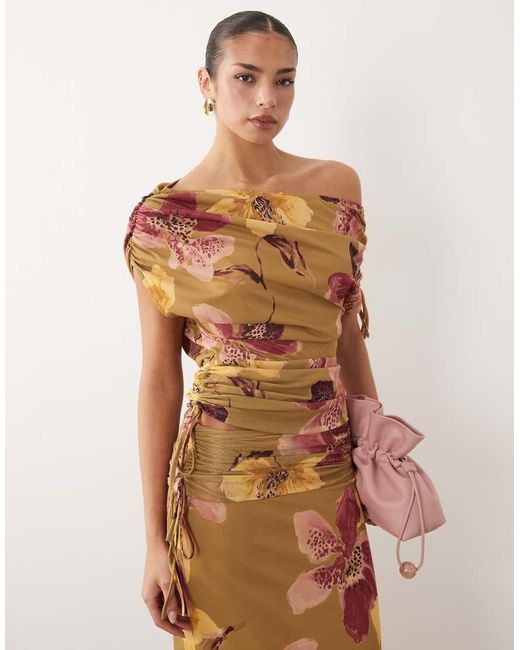ASOS Brown Co-ord Printed Mesh Ruched Shoulder Cinched Waist Top