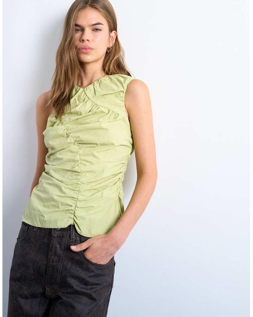 TOPSHOP Green Poplin Ruched Shell Top