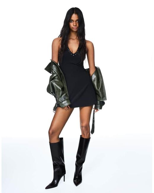 bershka black mini dress Studded Halter in My Actual Bust is:30