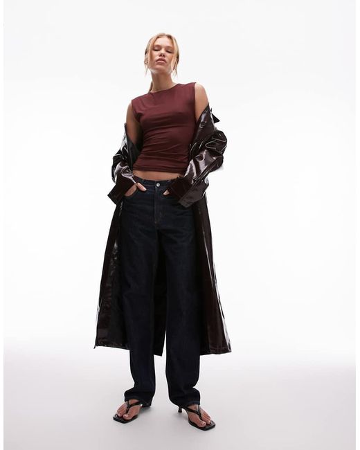 TOPSHOP Top Van Gladde Stof Met Korte Mouwen in het Red