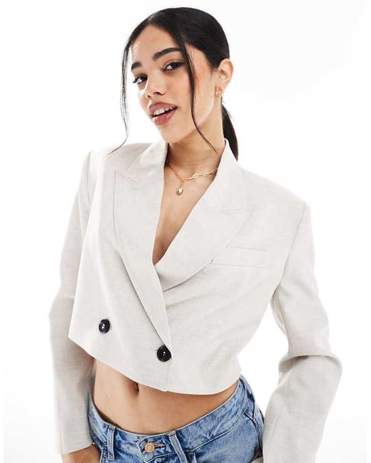 Bershka White Double Button Cropped Blazer
