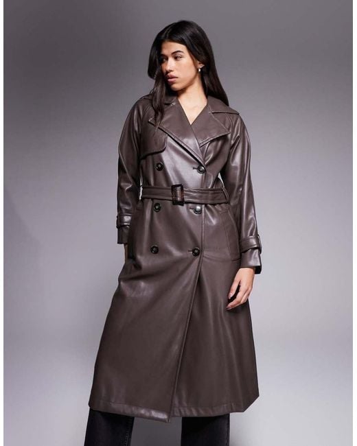 River Island Brown Faux Leather Faux Leather Trench Coat