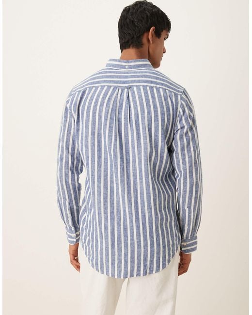 Chemise classique à rayures en coton et lin mélangés Gant pour homme en coloris Blue