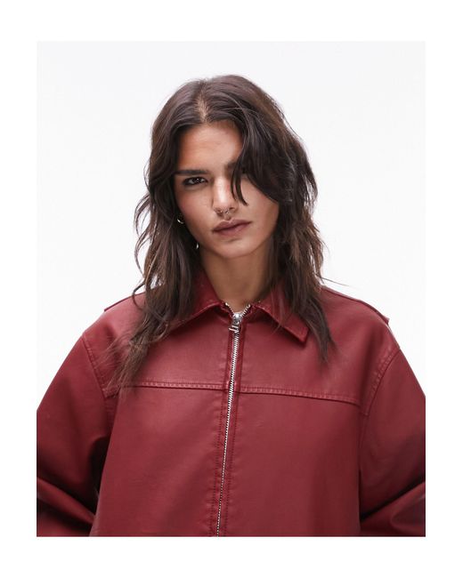 TOPSHOP Red Faux Leather Jacket With Centre Front Zip